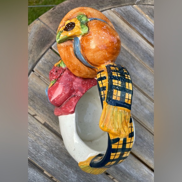 Vintage 90s Ceramic Girl Christmas - Autumn Snowman Planter With Handle - Picture 5 of 9